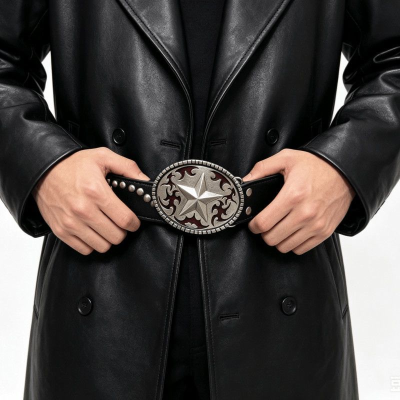 Vintage Western Star Leather Belt Enamel Flame Buckle Rivet Waist Belt