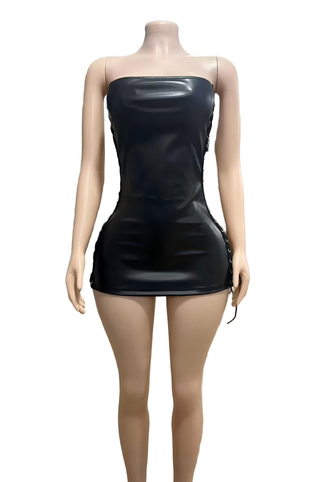Y2K Faux Leather Strapless Eyelet Lace Up Side Cutout Mini Dress