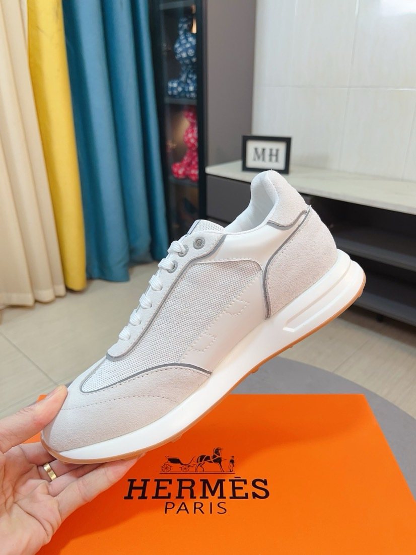 Hermès White and Light Gray Low-Top Sneakers