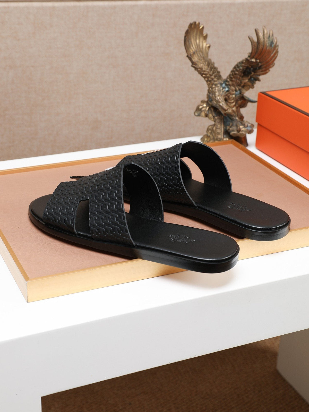 Hermes Black Textured H Slide Sandals