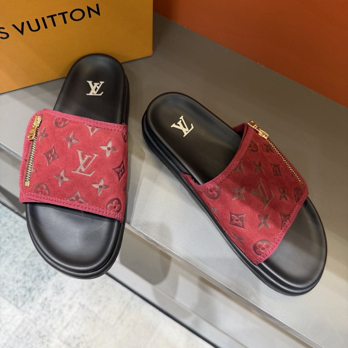 Louis Vuitton Red and Black Zipper Slide Sandals