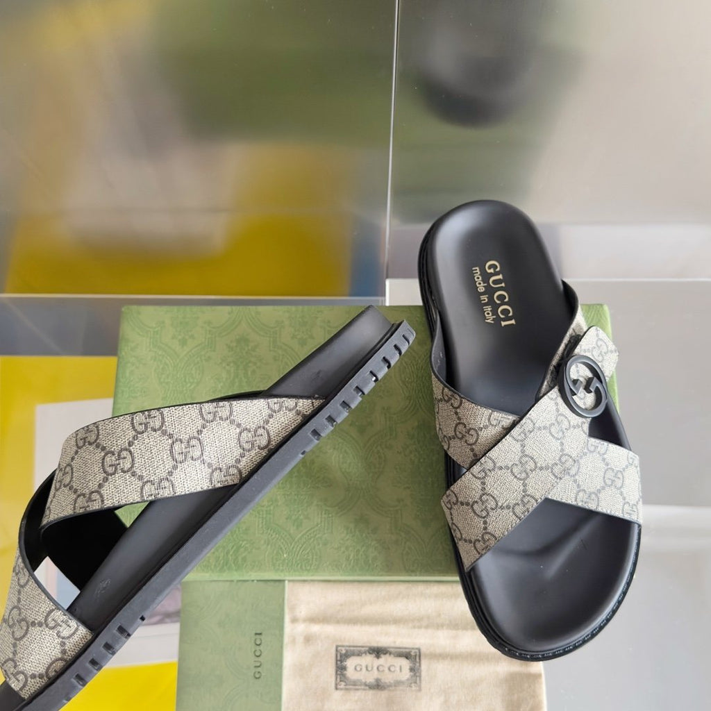 Gucci Beige Monogram Crossover Slide Sandals