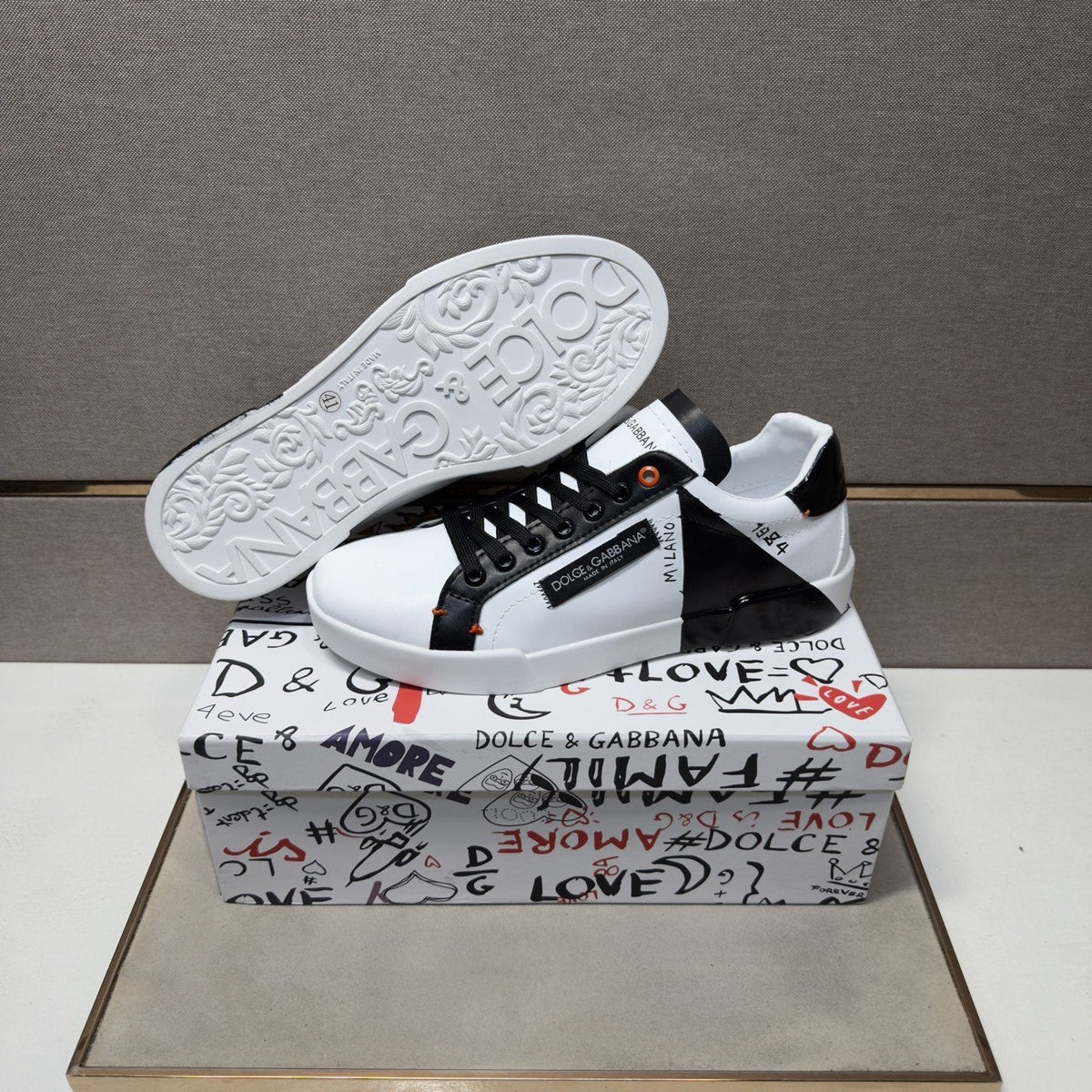Dolce & Gabbana White Black Orange Low-Top Sneakers