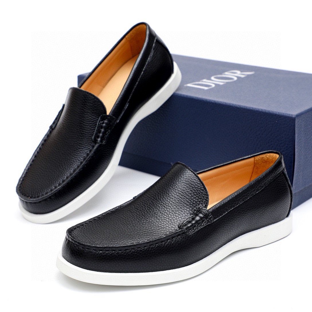 Dior Black Textured Leather Slip-On Loafers