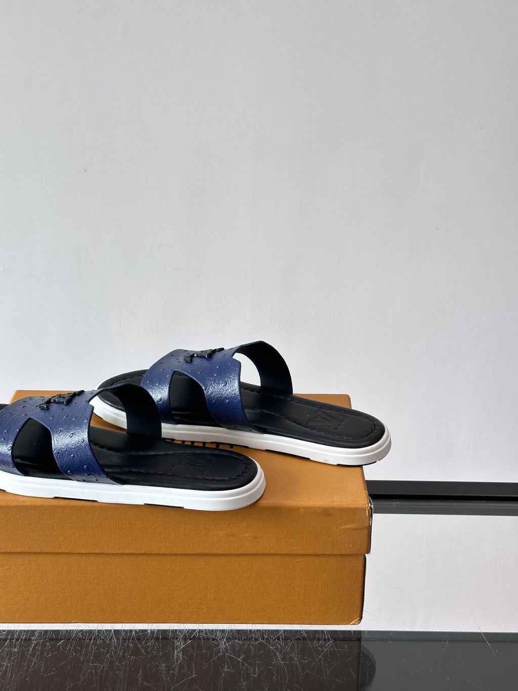 Louis Vuitton Embossed Blue Slide Sandals