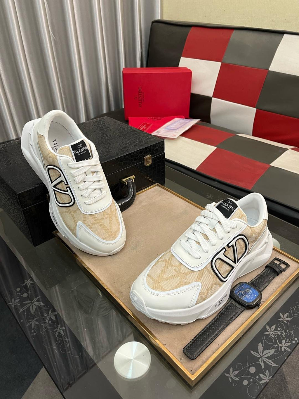 Valentino Cream and Beige V-Motif Sneakers