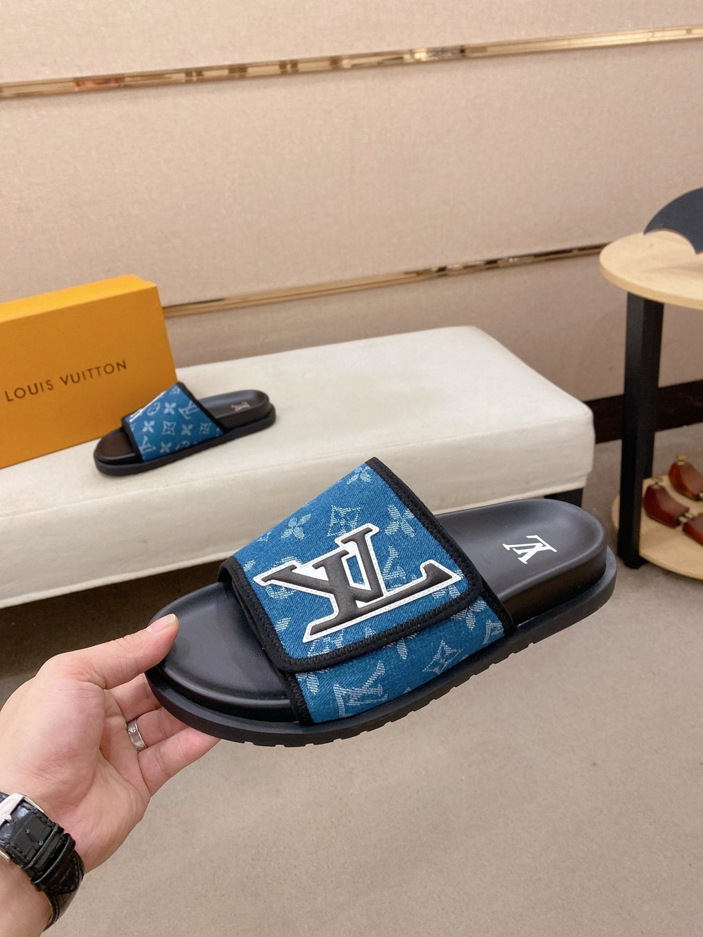 Louis Vuitton Men's Blue Patterned Slide Sandals
