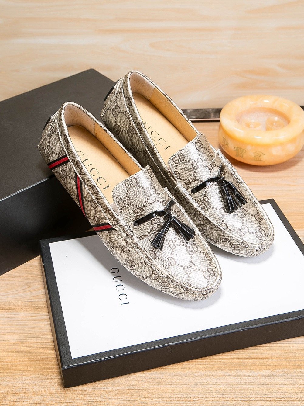 Gucci Monogram Stripe Tassel Loafers