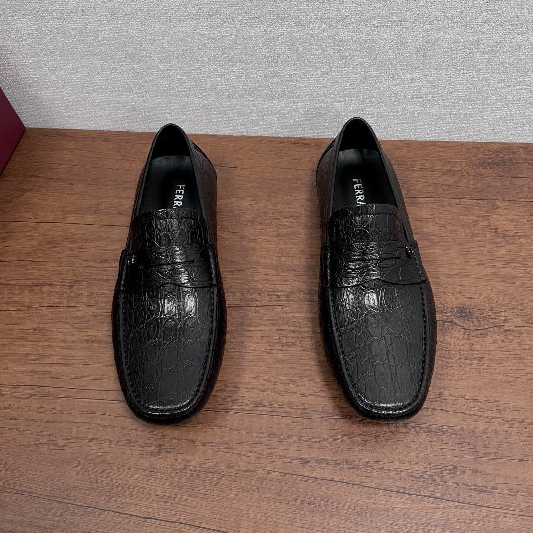Ferragamo Black Crocodile-Embossed Driving Loafers