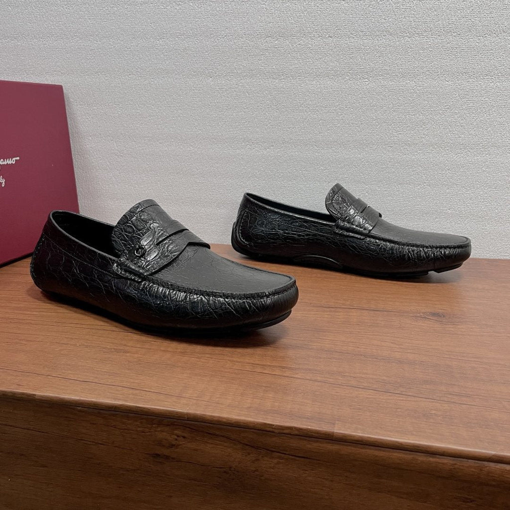 Ferragamo Black Crocodile-Embossed Driving Loafers