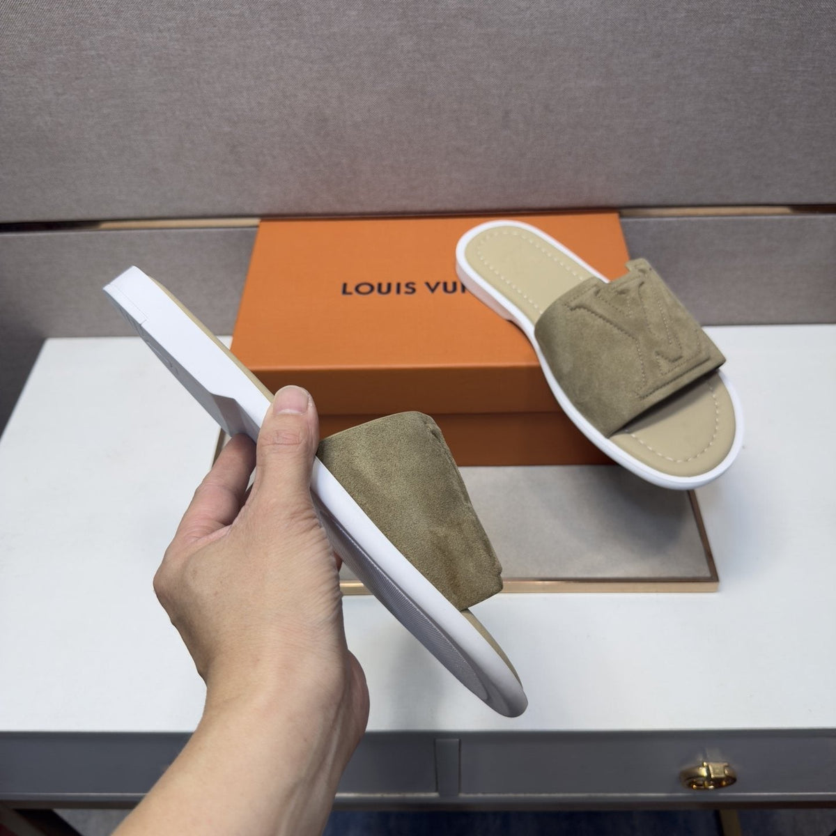 Louis Vuitton Men's Khaki Monogram Slide Sandals