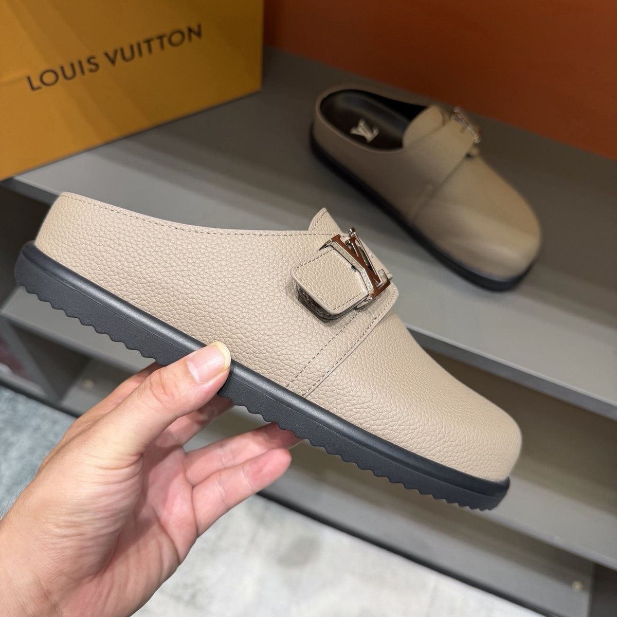 Louis Vuitton Men's Textured Buckle Slide Sandals