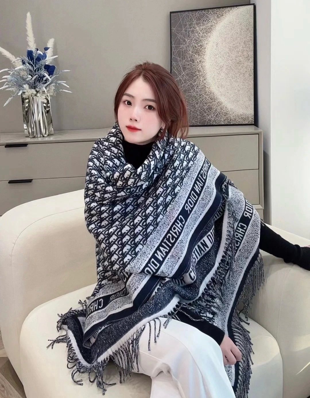Dior Letter-Pattern Fringed Square Scarf