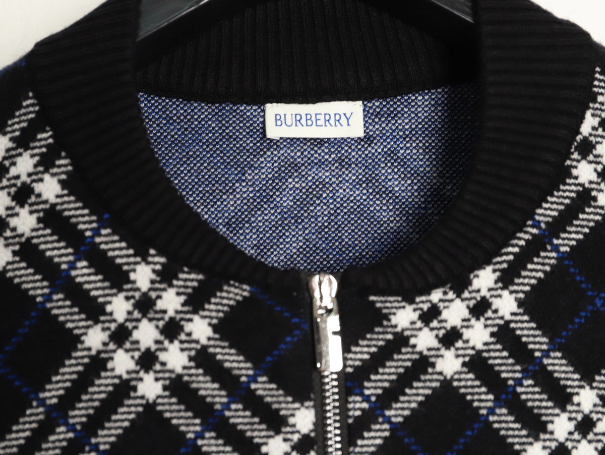 Burberry Diagonal-Check Zip Knit Cardigan - Black